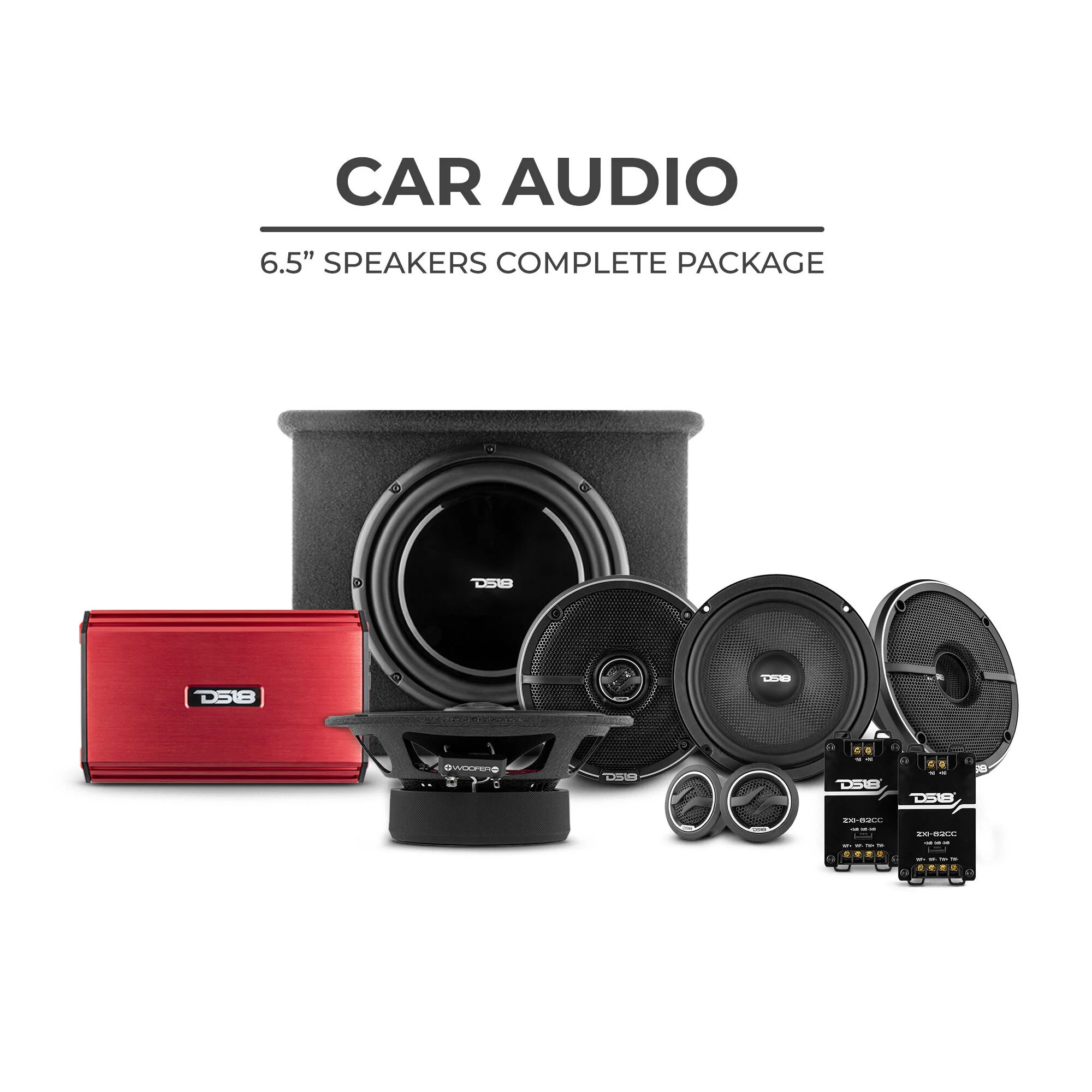 CARPK-2-COMPLETE-PACKAGE.webp DS18 CARPK-2 ZXI High Volume Complete System 6.5 Package with powered 12 inch subwoofer