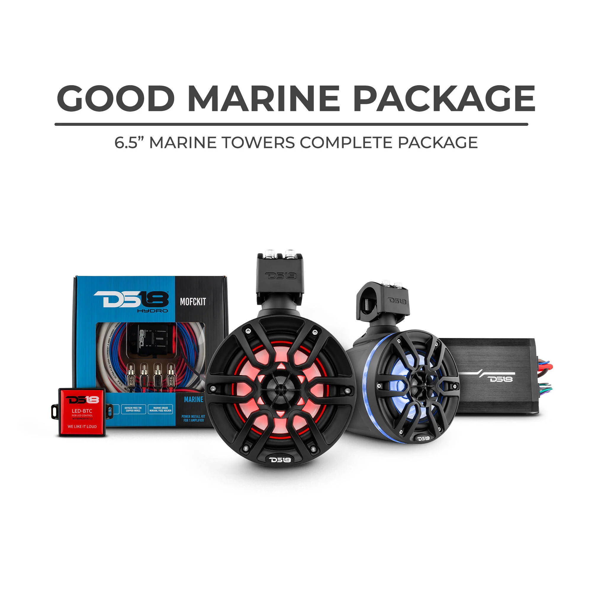GOOD-MARINE-PACKAGE_2.webp DS18 Good Marine Stereo Package2 x 6.5” Speaker Tower| 1 x 2 Ch Amplifier | 1 x MOFCKIT4 and 1 x LED-BTC