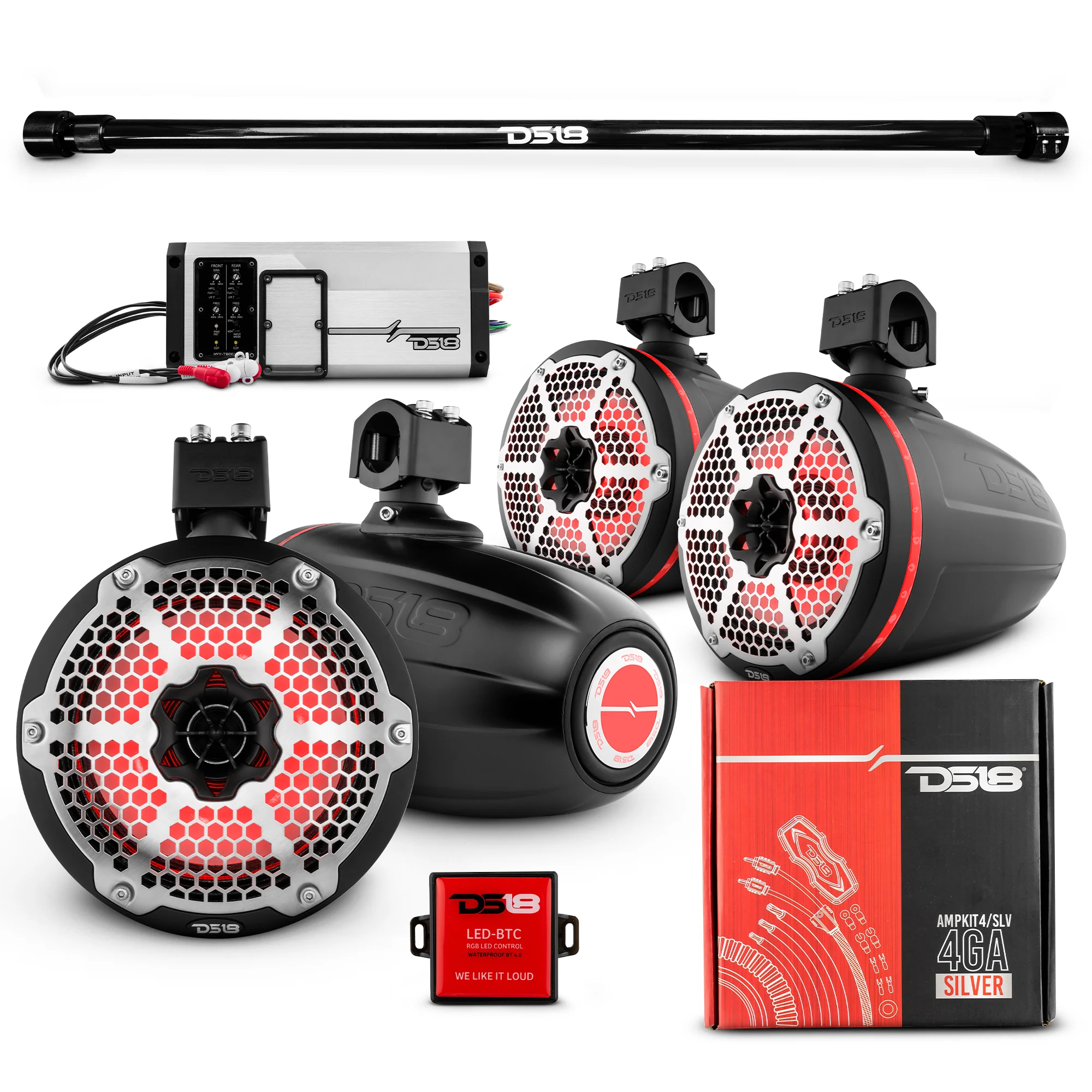 NXL-X8TPNEO-BK_PU-TUBE-BK-PACKAGE.webp PU-TUBE 4x 8" Marine Towers Speakers with RGB LED Lights, 4-Channel Marine Amplifier and AMPKIT for Pick Up & Trucks