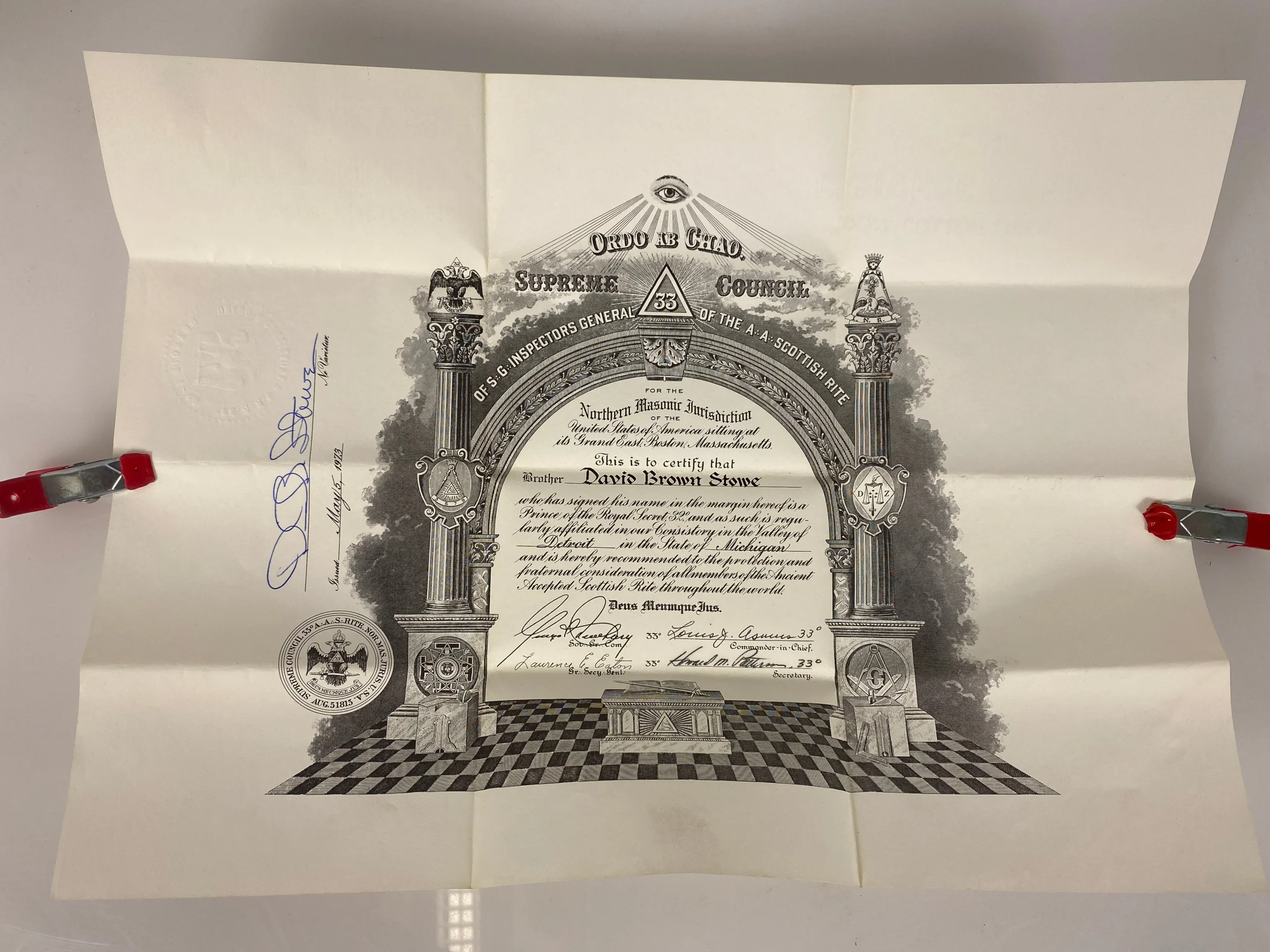 Freemason Vintage 33rd Degree Certificate with Pouch 1973