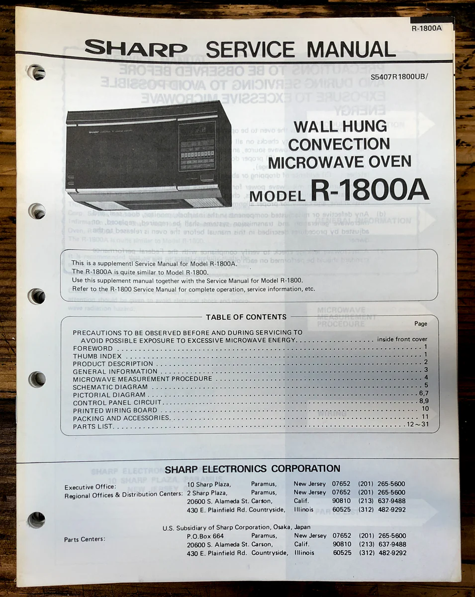 Sharp R-1800A MicrowaveService Manual *Original*