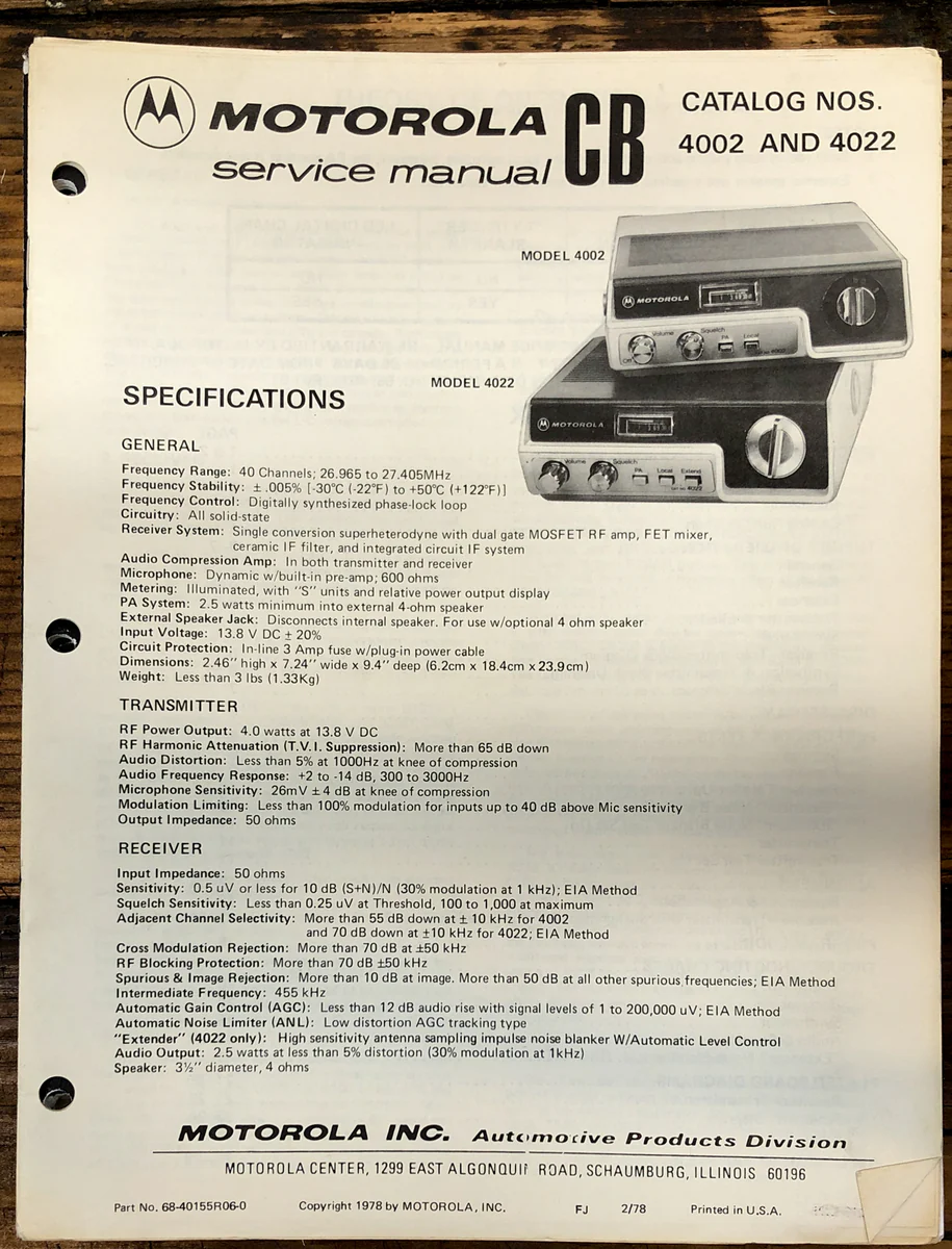 Motorola Model 4002 4022 CBService Manual *Original*