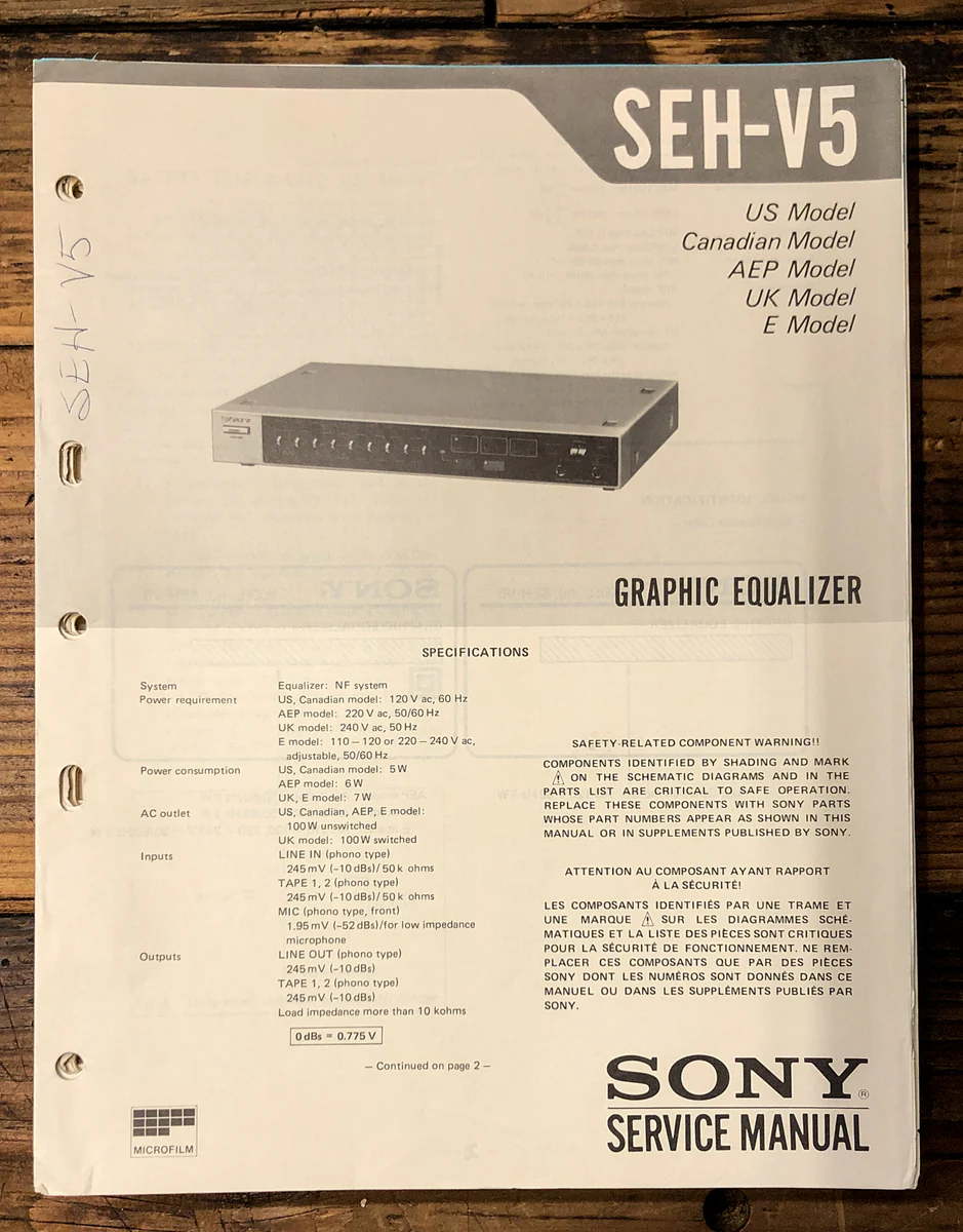 Sony SEH-V5 EqualizerService Manual *Original*