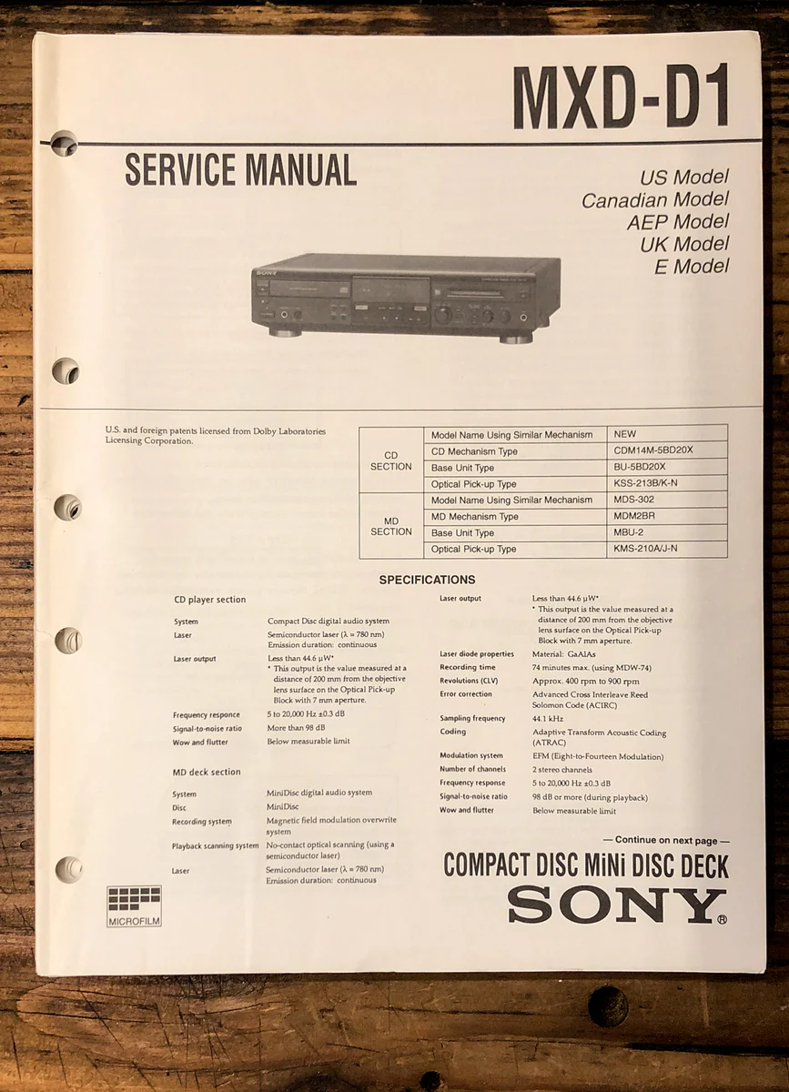 Sony MXD-D1 CD MD DeckService Manual *Original*