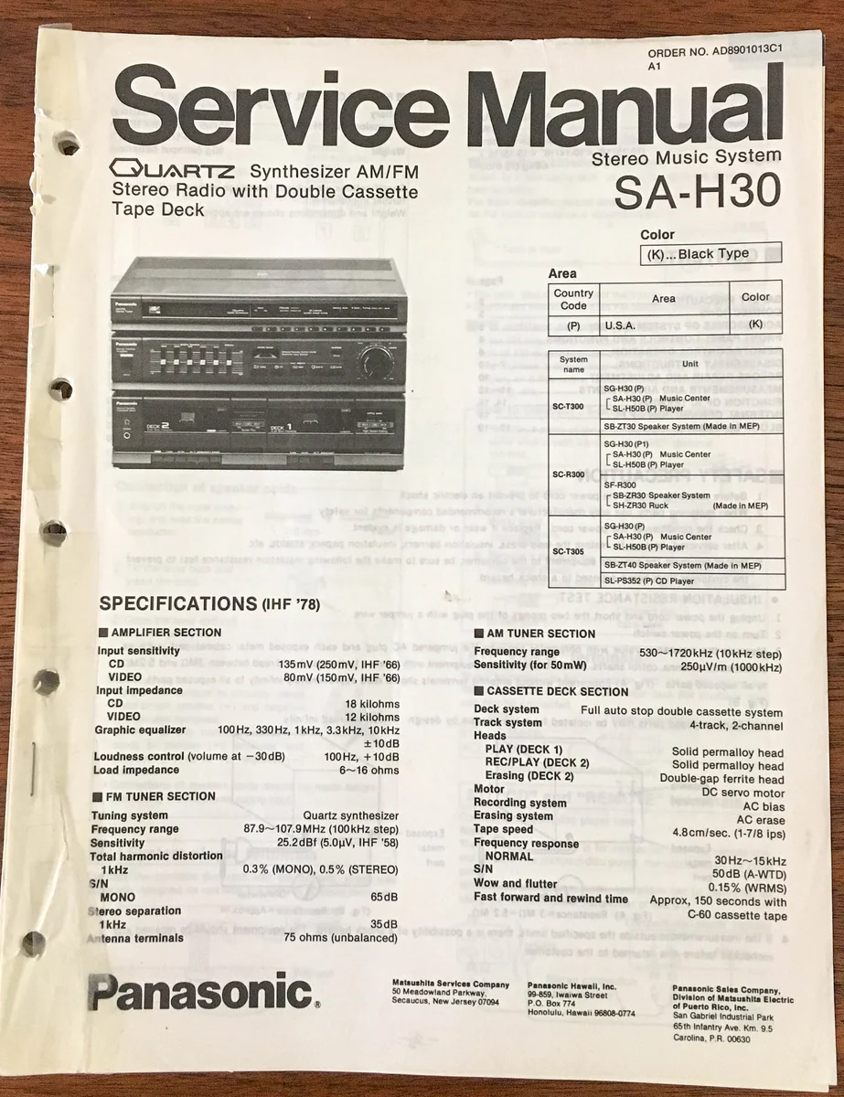 Panasonic SA-H30 Stereo System Service Manual *Original*