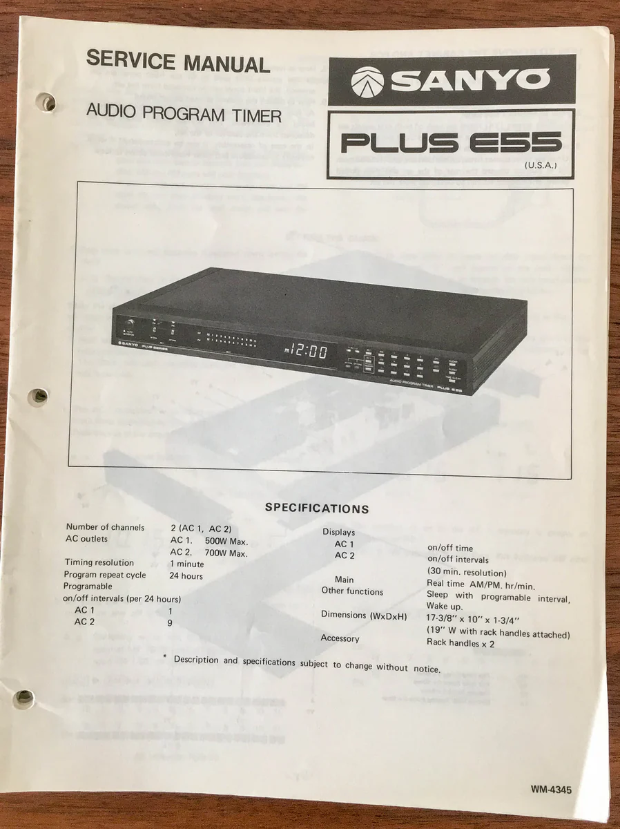 Sanyo Plus E55 Program Timer Service Manual *Original*