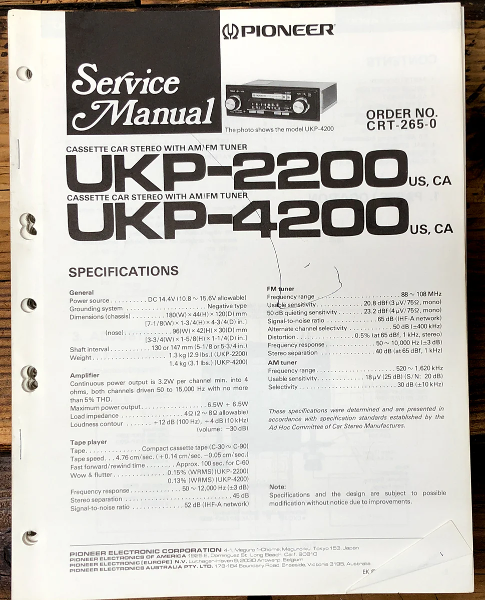 Pioneer UKP-2200 UKP-4200 Car StereoService Manual *Original* #1