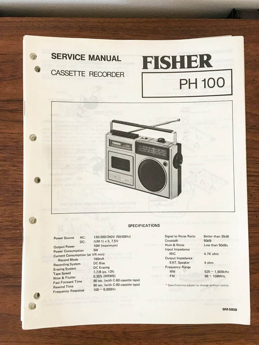 Fisher PH 100 Cassette Recorder Service Manual *Original*