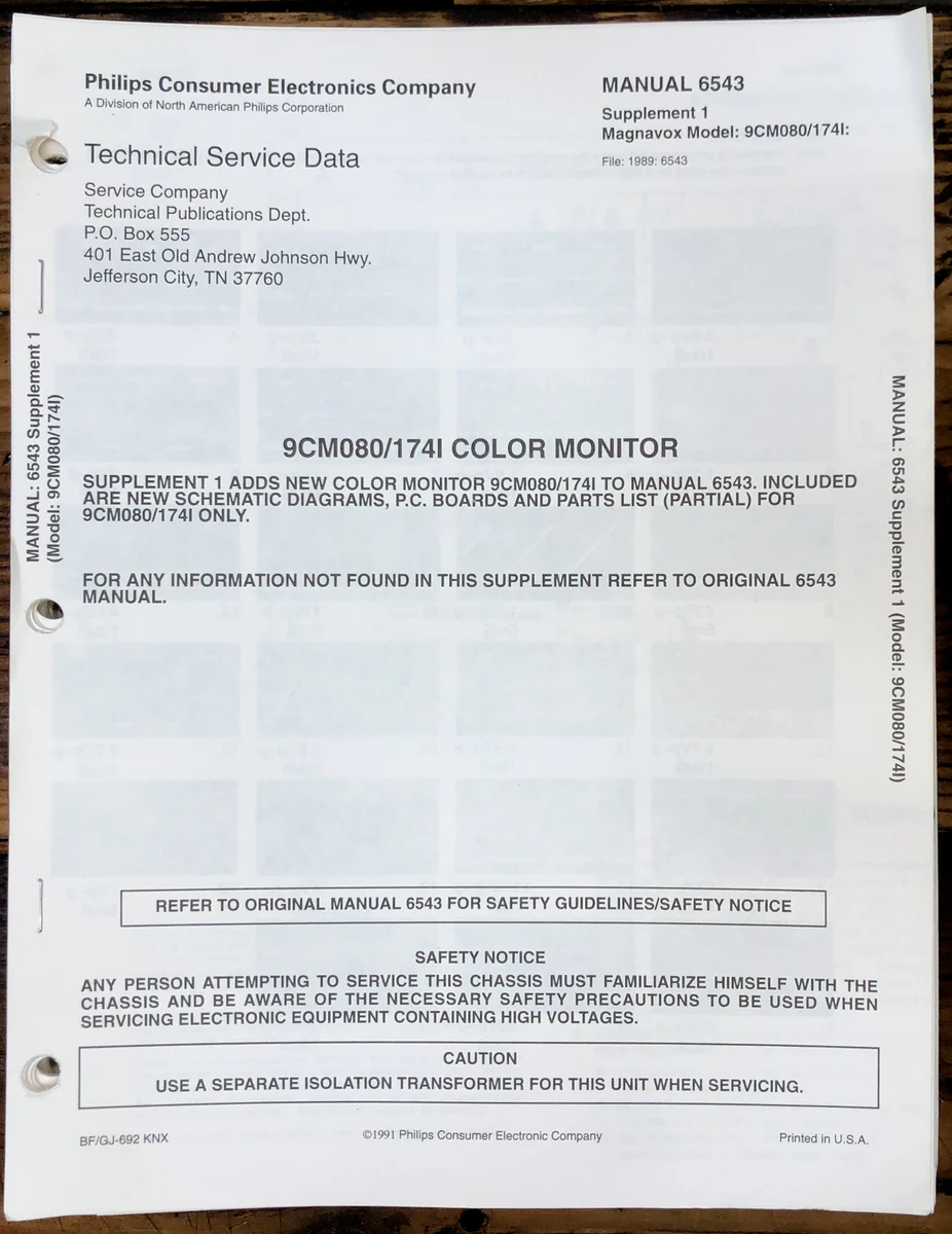 Magnavox 9CM080 / 1741 Color Monitor Supp 1 Service Manual *Original*