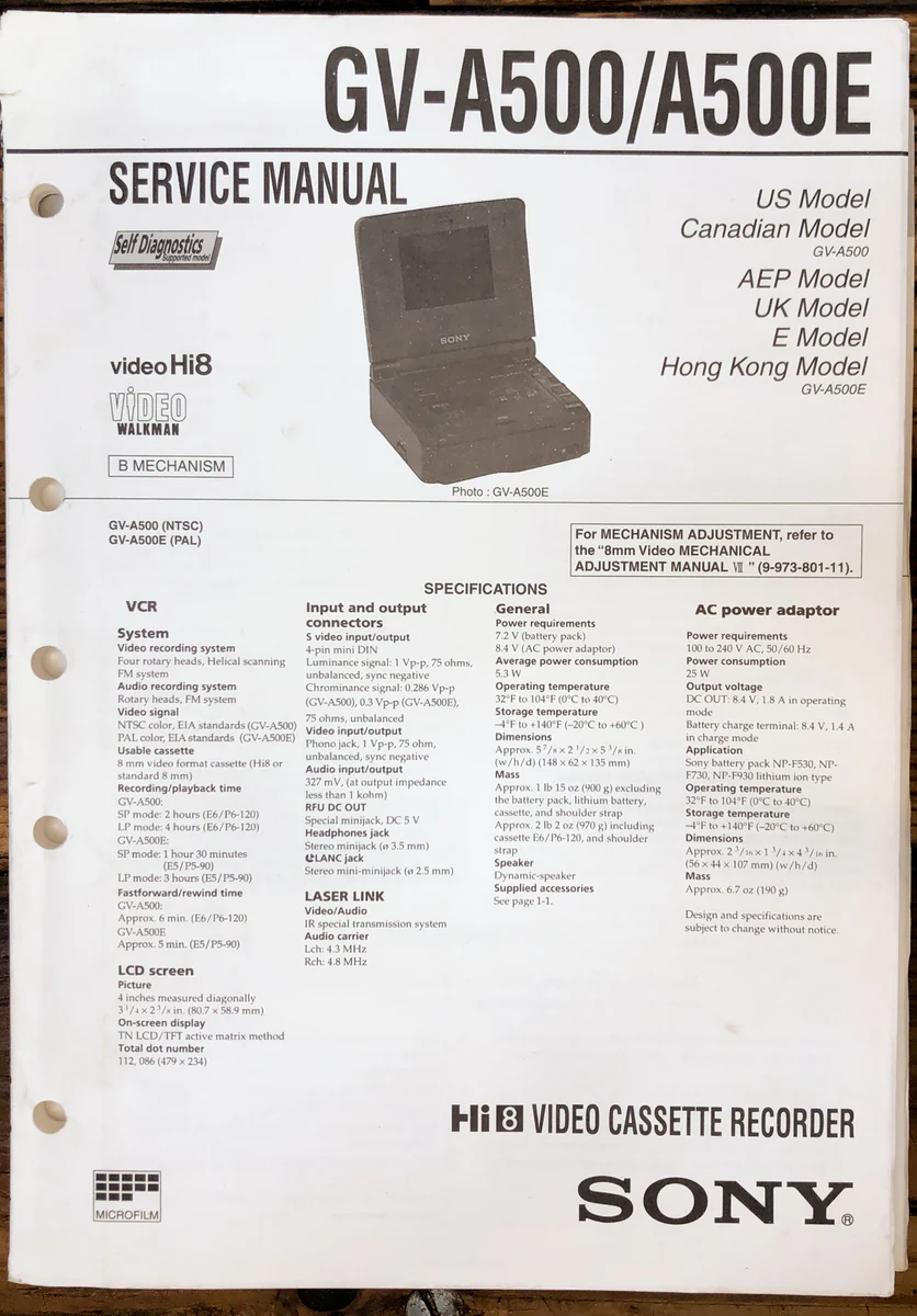 Sony GV-A500 GV-A500E Video 8 Cassette PlayerService Manual *Original*