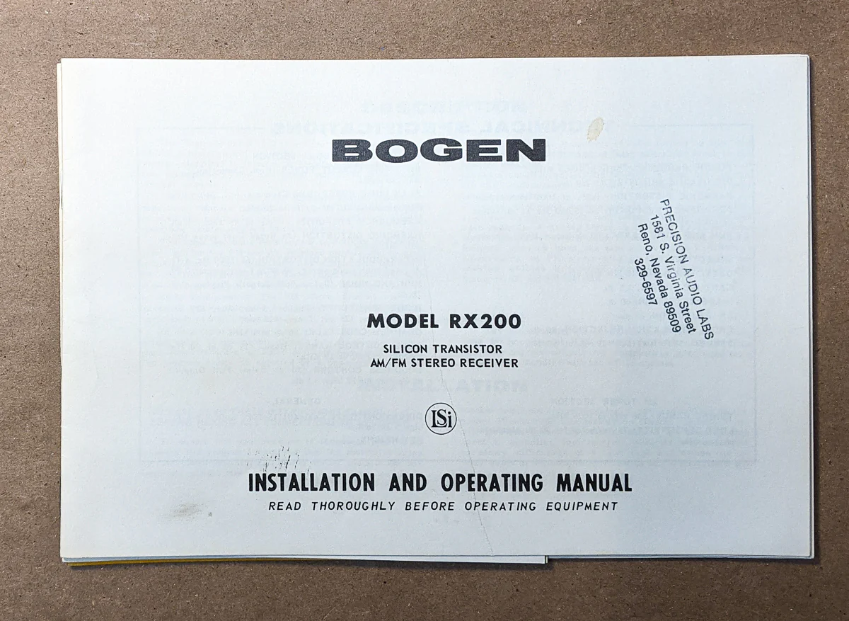 *Original* Bogen RX200 RX-200 Receiver Owners / User Manual