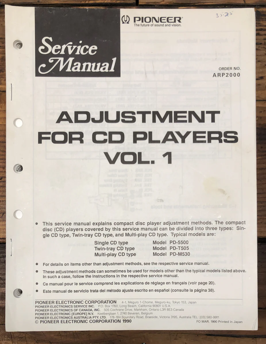 Pioneer Adjustment for CD Players Volume 1 Service Manual *Original*