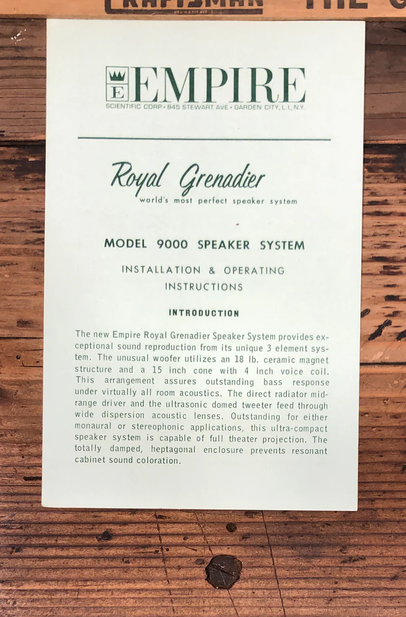 EmpireRoyal Grenadier Model 9000 Speaker Owners / User Manual *Original*