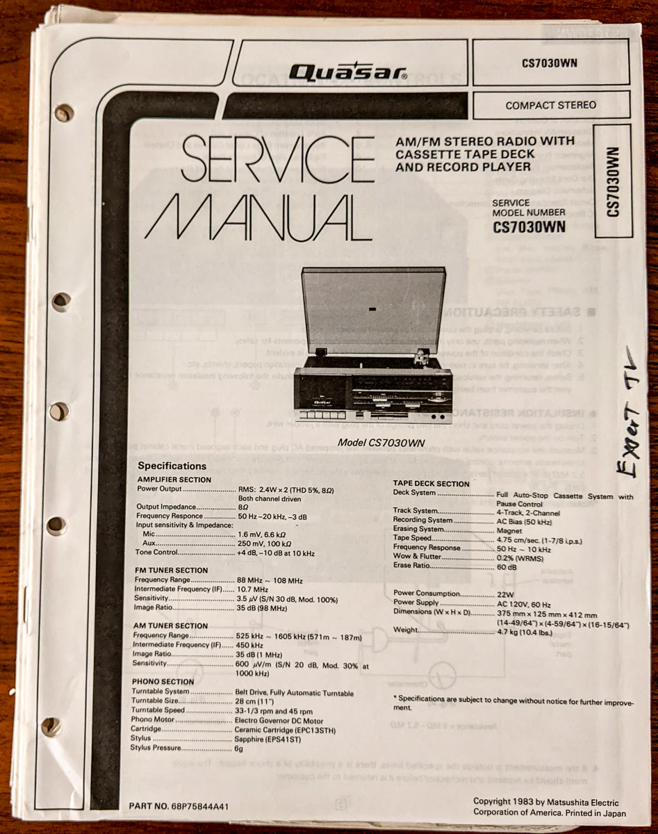 Quasar CS7030WNCS 7030WN Radio Service Manual *Original*