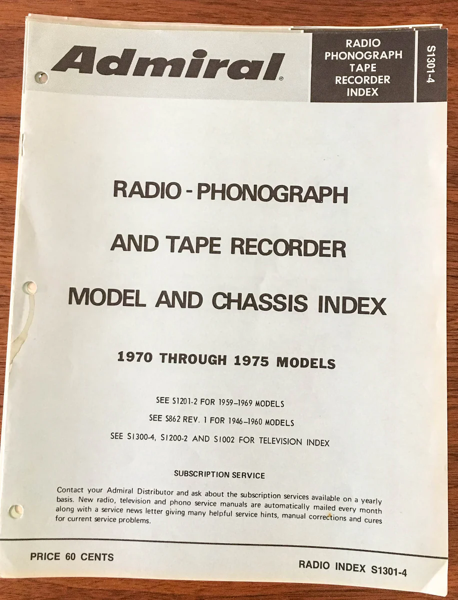 Admiral Radio Phonograph Tape Recorder Model Chassis Index *Original*