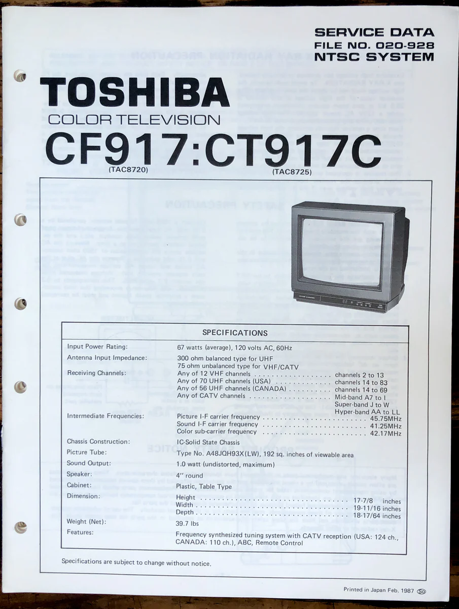 Toshiba CF917 CT917C TVService Manual *Original*