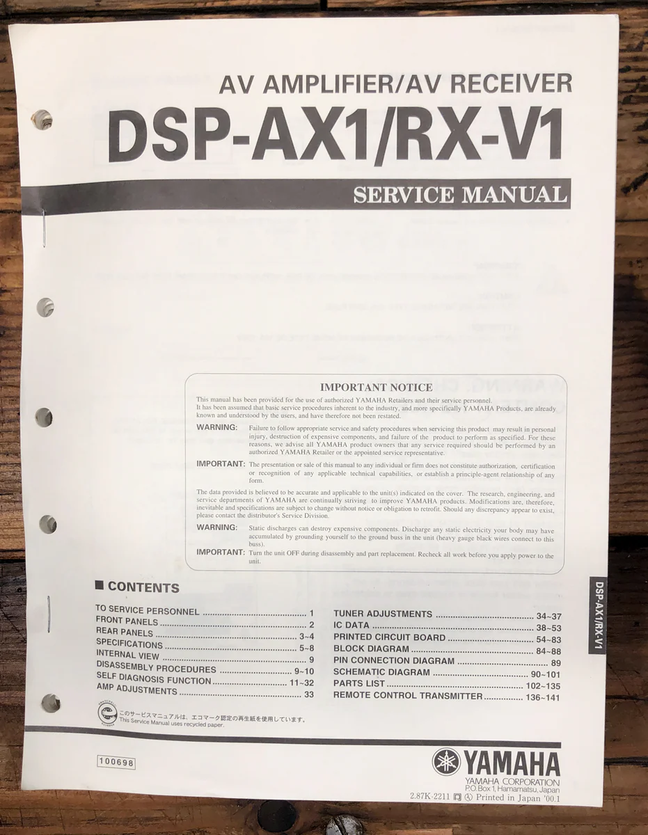 Yamaha DSP-AX1 RX-V1 Amplifier / ReceiverService Manual *Original*
