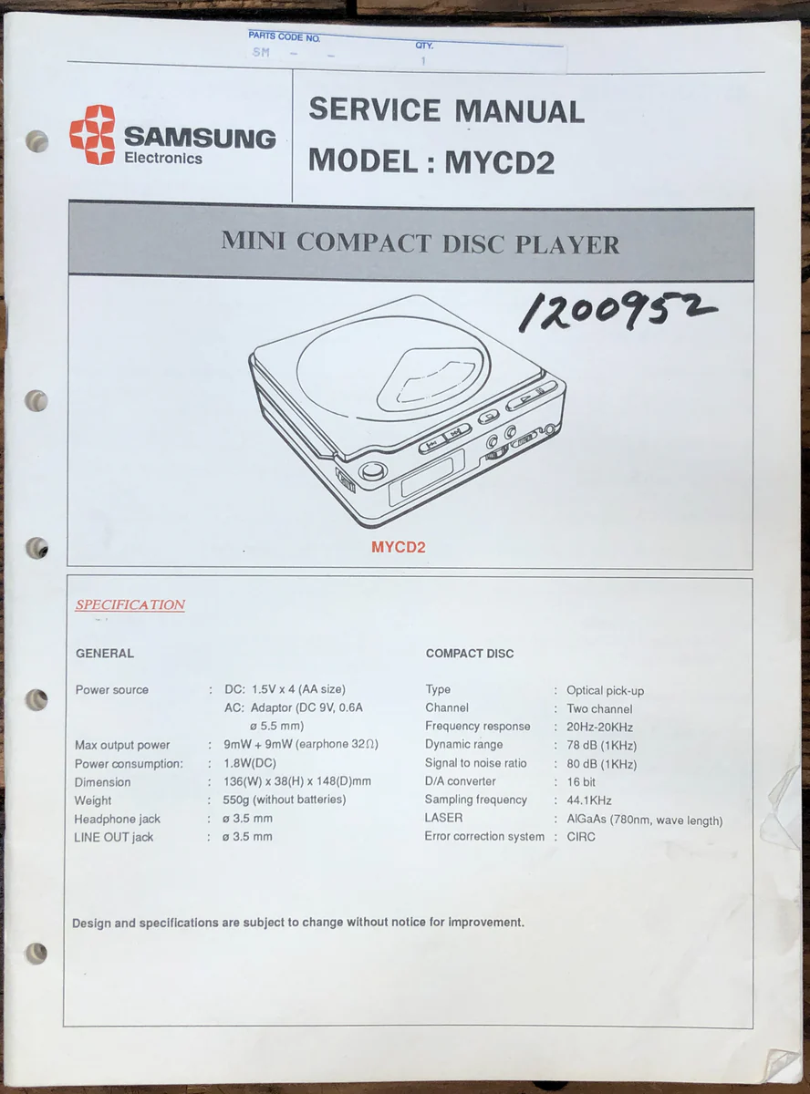 Samsung MYCD2 MY CD2 CD PlayerService Manual *Original* #1