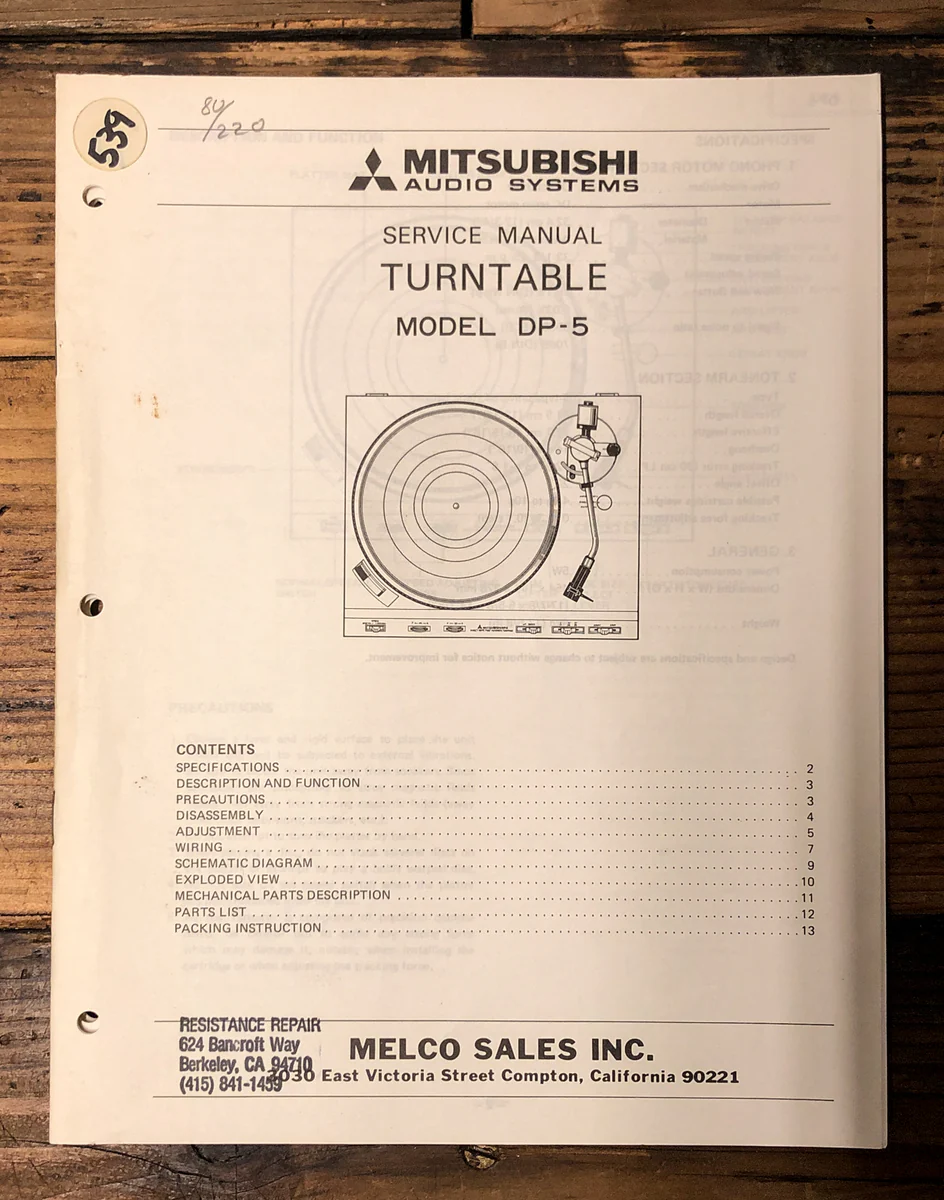 Mitsubishi DP-5 Record Player / TurntableService Manual *Original*