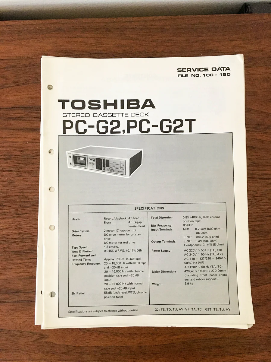 Toshiba PC-G2 PC-G2T Cassette DeckService Manual *Original*