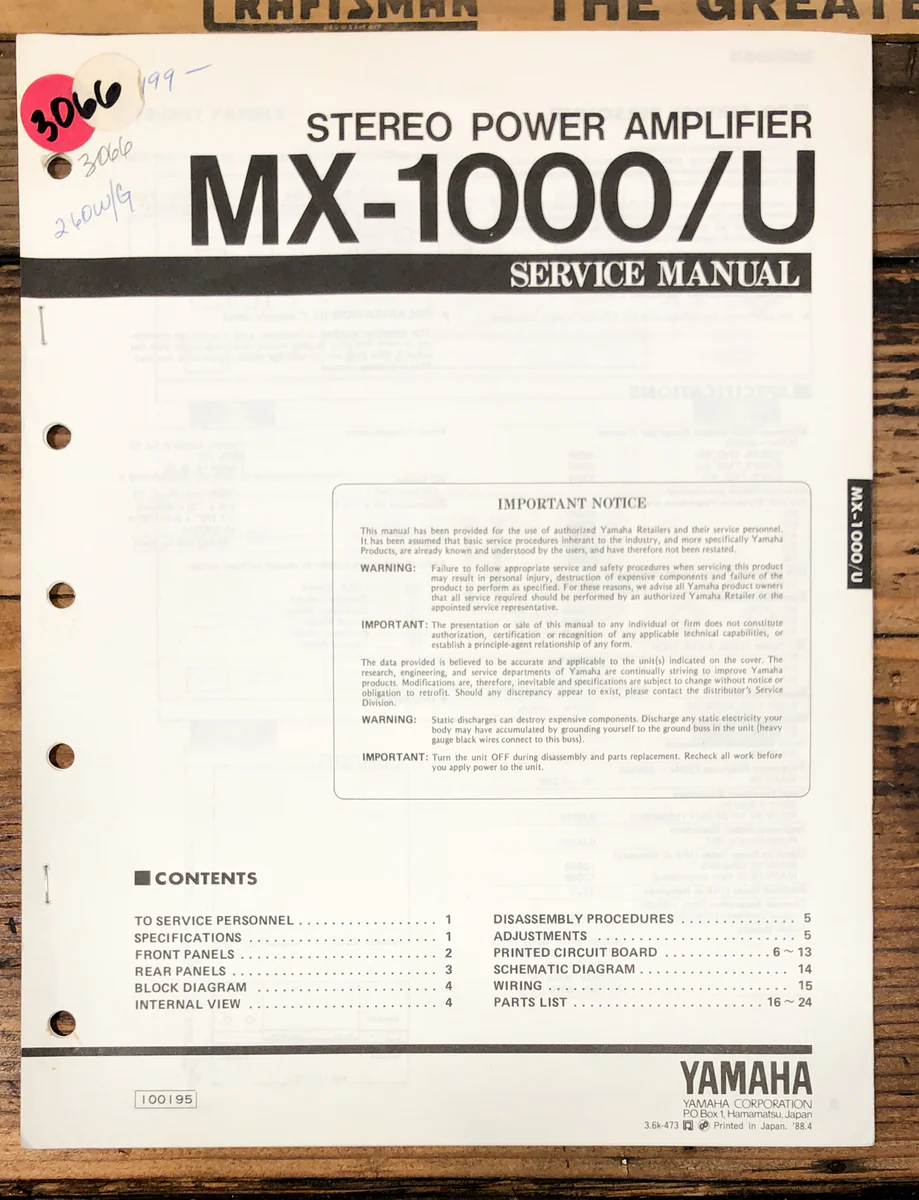 Yamaha MX-1000 MX-1000U AmplifierService Manual *Original*
