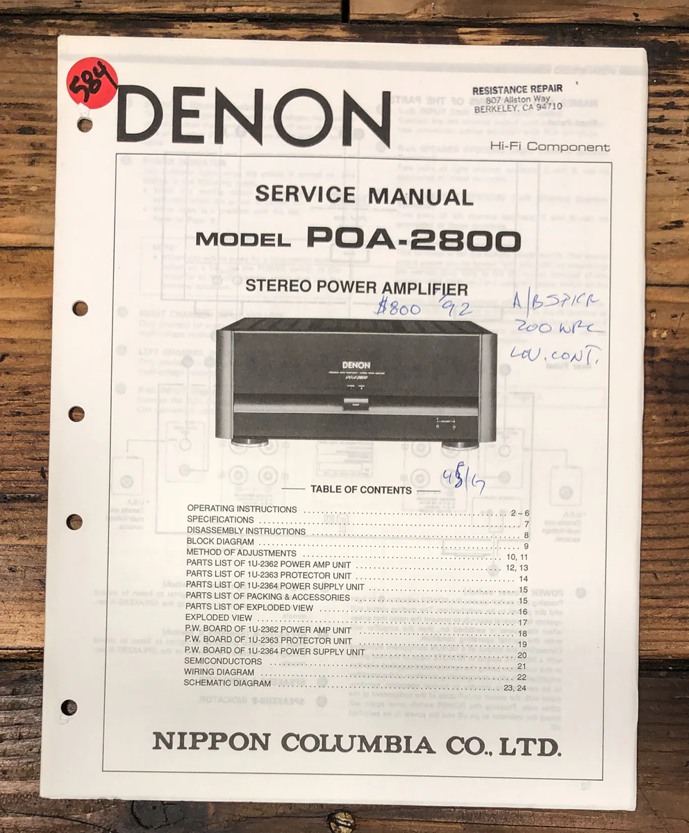Denon POA-2800 Amplifier Service Manual *Original*