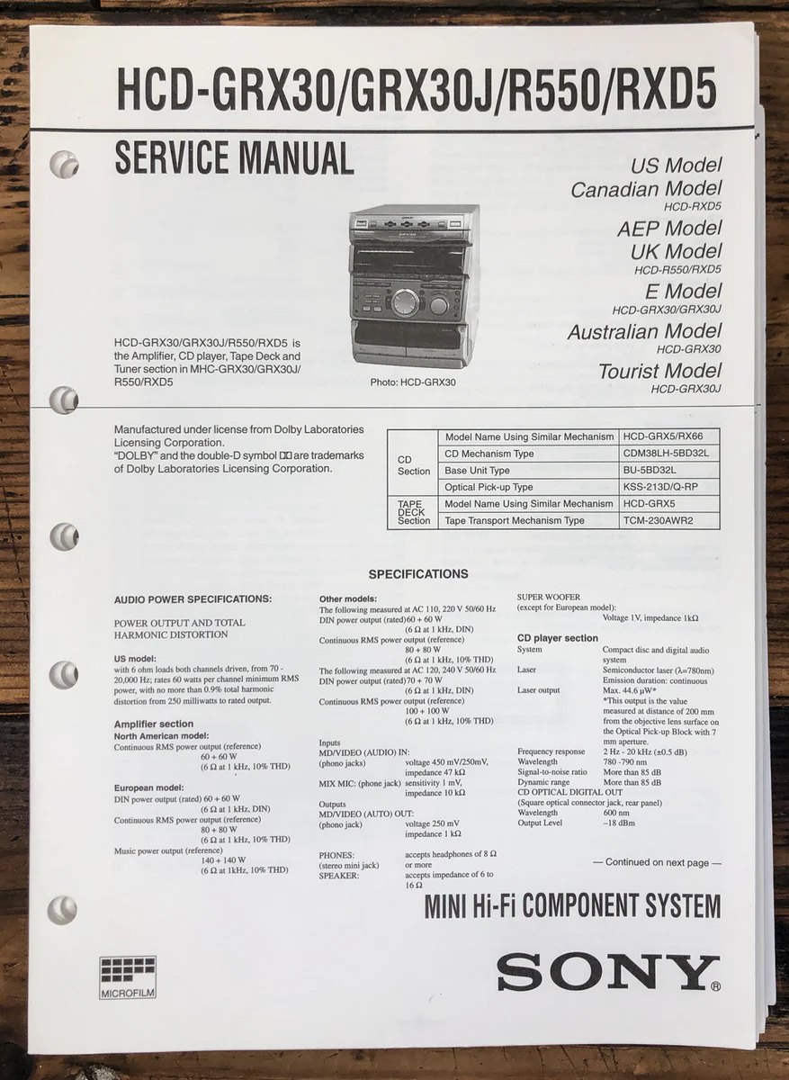 Sony HCD-GRX30 -GRX30J -R550 -RXD5 StereoService Manual *Original*