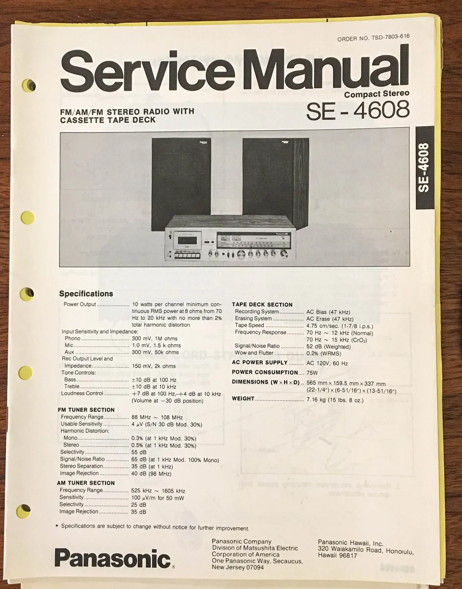 Panasonic SE-4608 Radio Cassette Service Manual *Original*