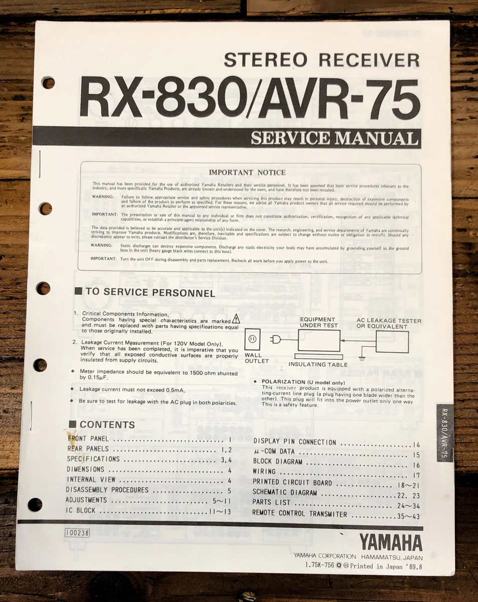 Yamaha RX-830 AVR-75 ReceiverService Manual *Original*