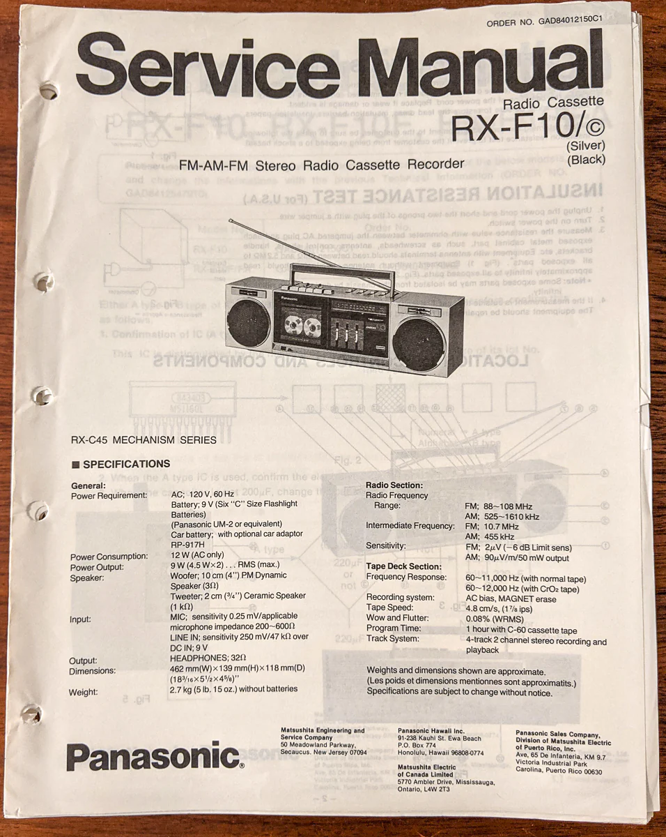 Panasonic RX-F10 Radio Cassette Service Manual *Original*