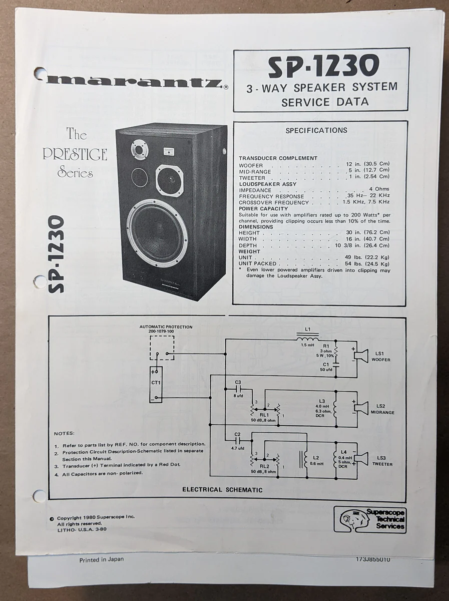 *Original* Marantz SP-1230 Speaker Service Manual