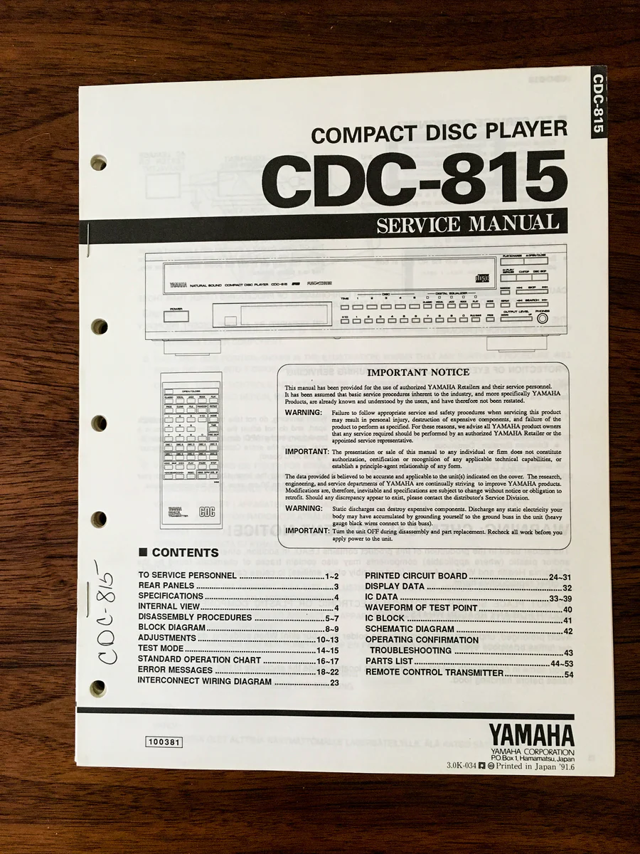 Yamaha CDC-815 CD PLAYER Service Manual *Original*