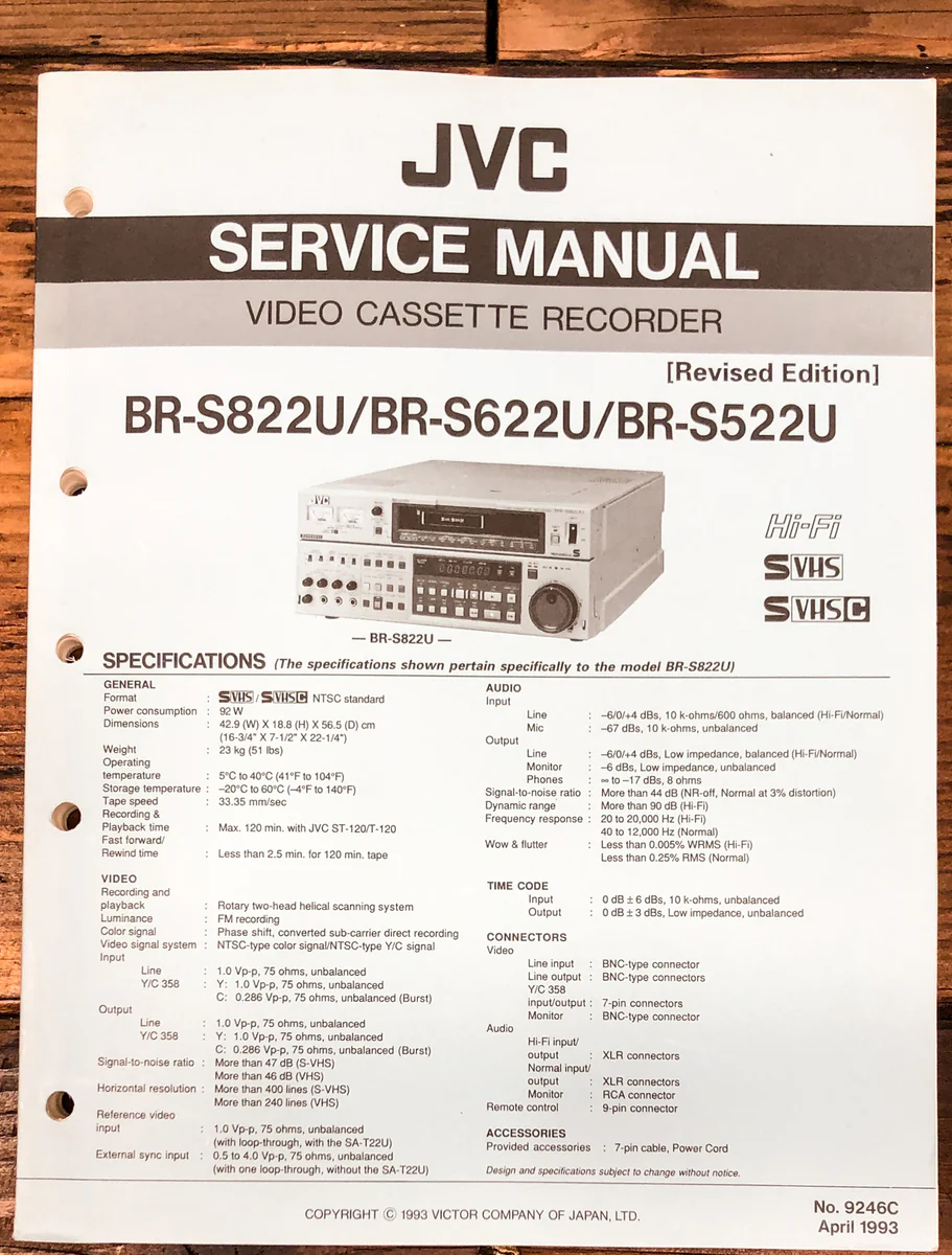 JVC BR-S822U -S622U -S522U VCR Revised Edition Service Manual *Original*