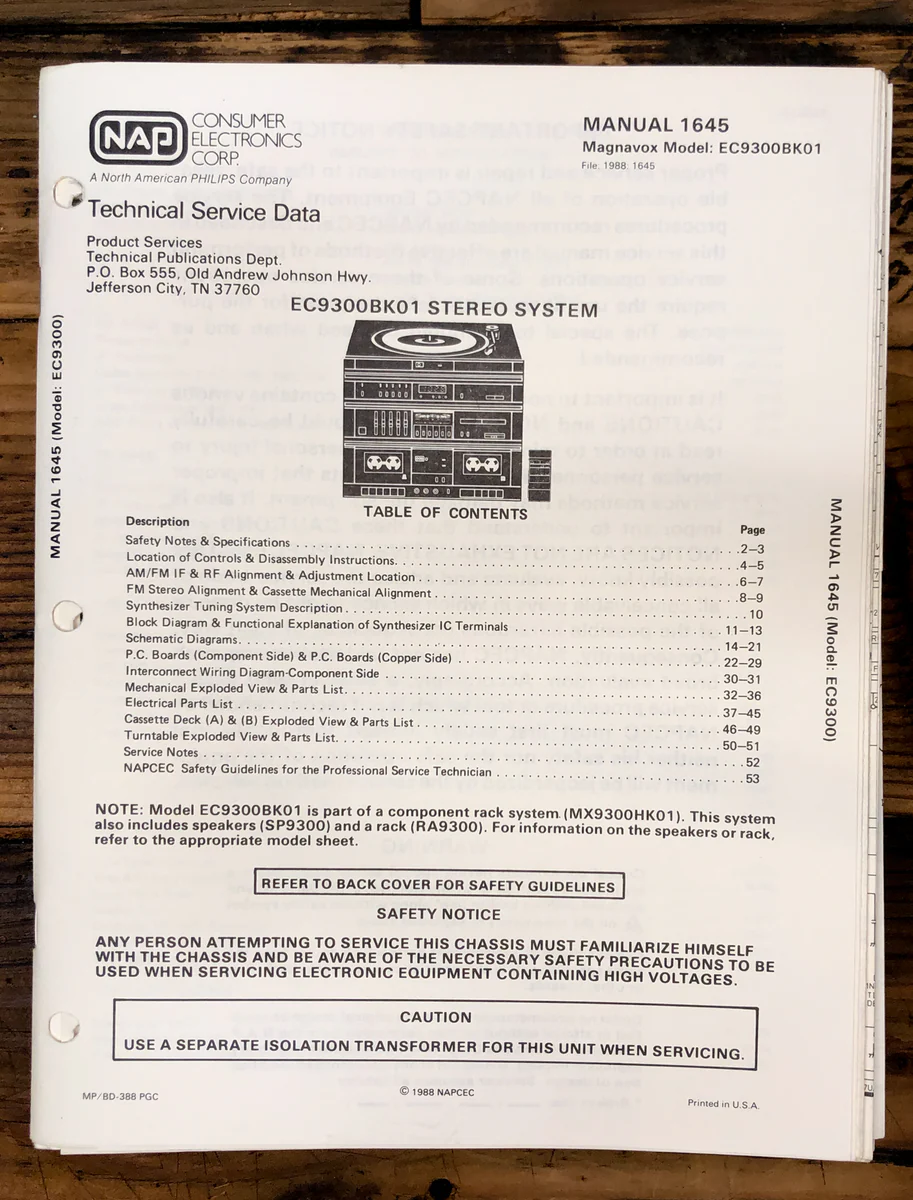 Magnavox EC9300 BK01 StereoService Manual *Original*
