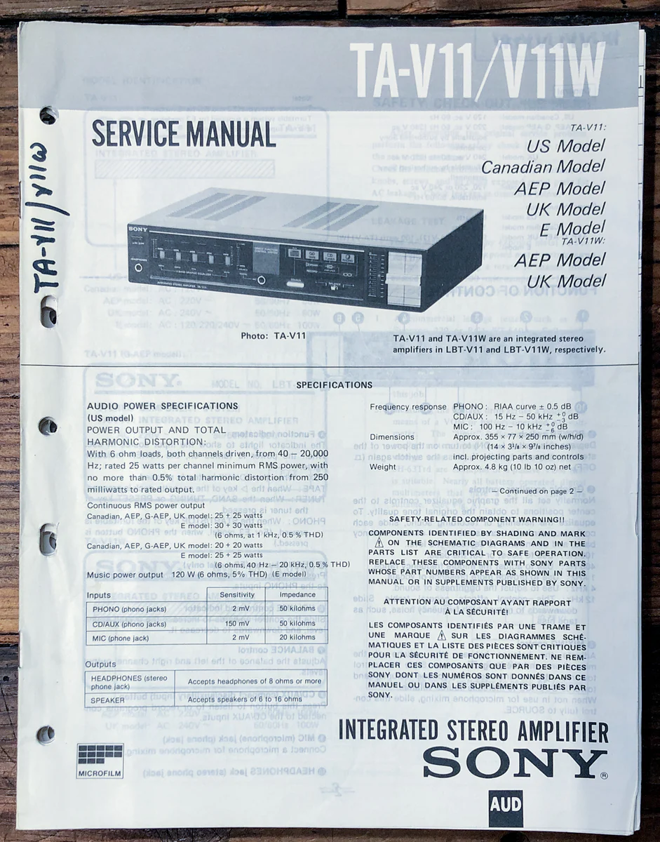 Sony TA-V11 TA-V11W AmplifierService Manual *Original*