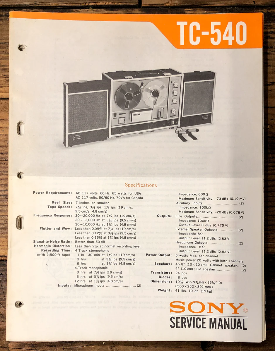 Sony TC-540 Reel to Reel Service Manual *Original*