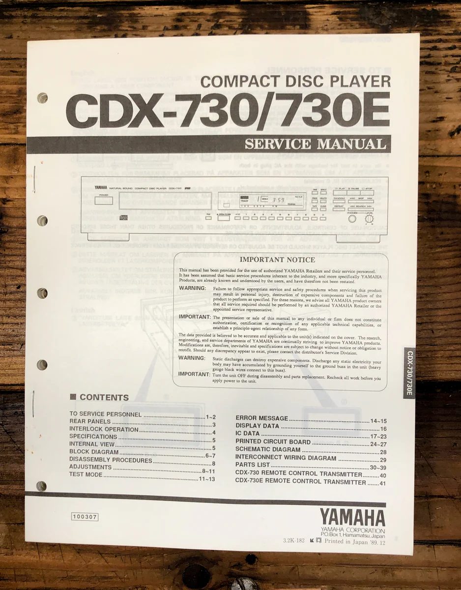 Yamaha CDX-730 CDX-730E CD PlayerService Manual *Original*